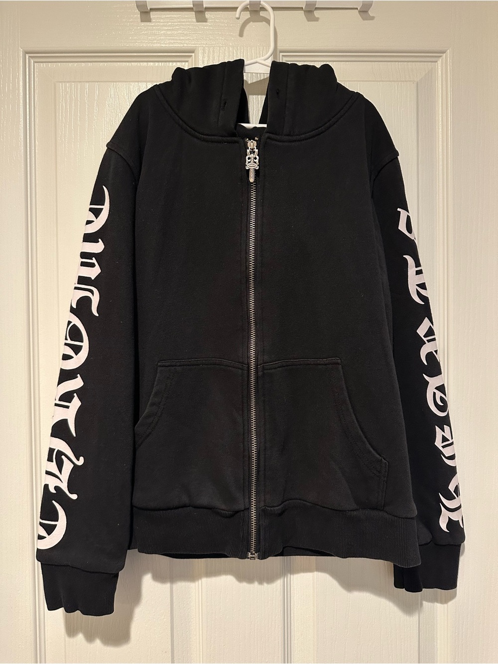Chrome Hearts Black Zip-Up Thermal Lined Hoodie with White Sleeve Graphics